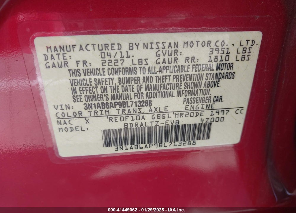 2011 NISSAN SENTRA VIN: 3N1AB6AP9BL713288