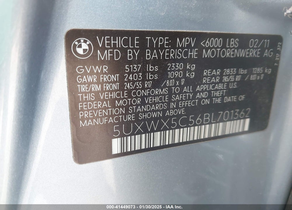 2011 BMW X3 XDRIVE28I VIN: 5UXWX5C56BL701362