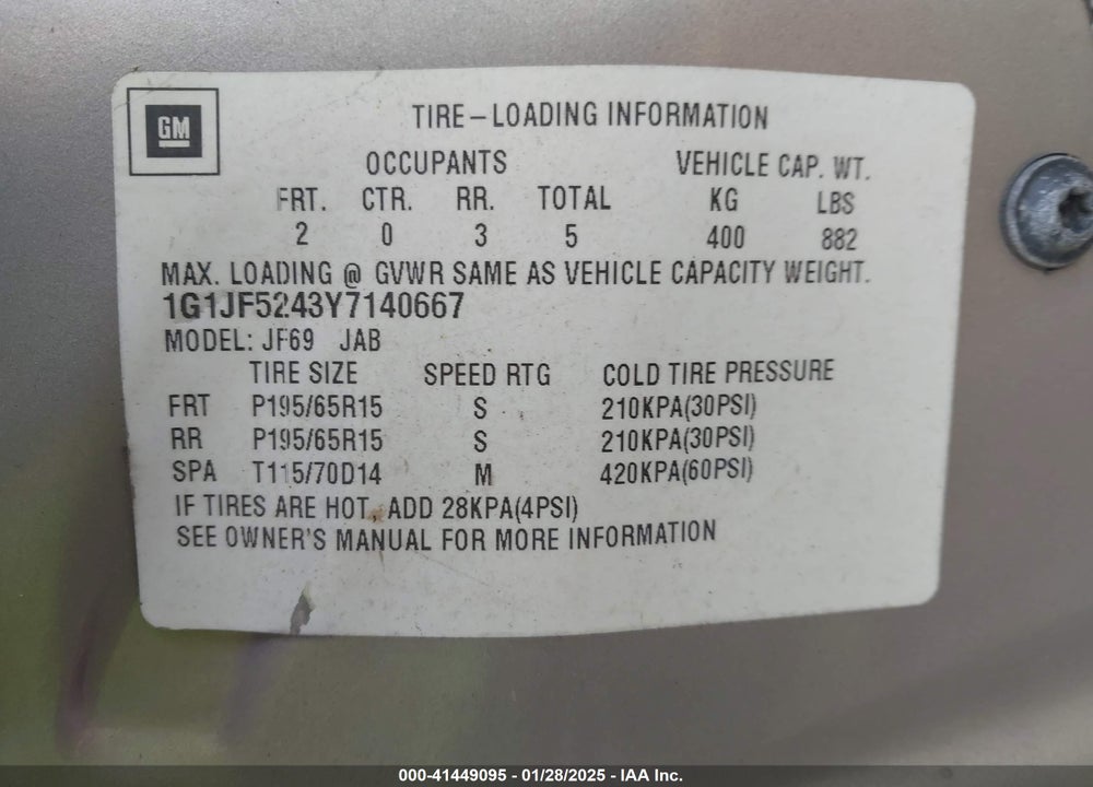 2000 CHEVROLET CAVALIER LS VIN: 1G1JF5243Y7140667