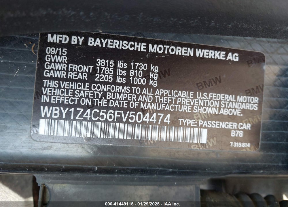 2015 BMW I3 VIN: WBY1Z4C56FV504474
