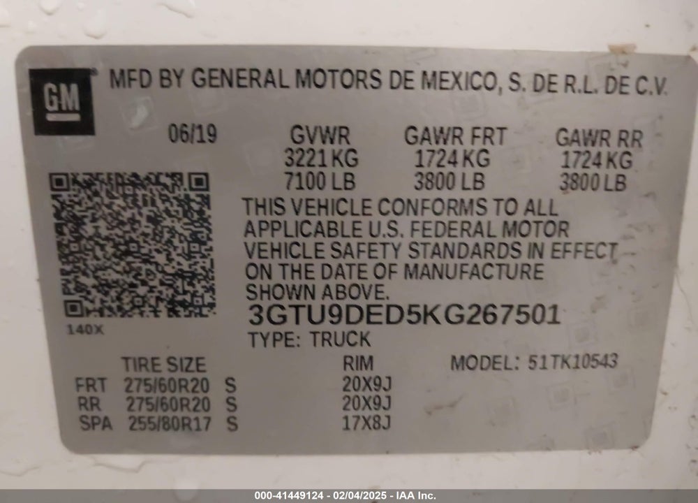 2019 GMC SIERRA 1500 VIN: 3GTU9DED5KG267501
