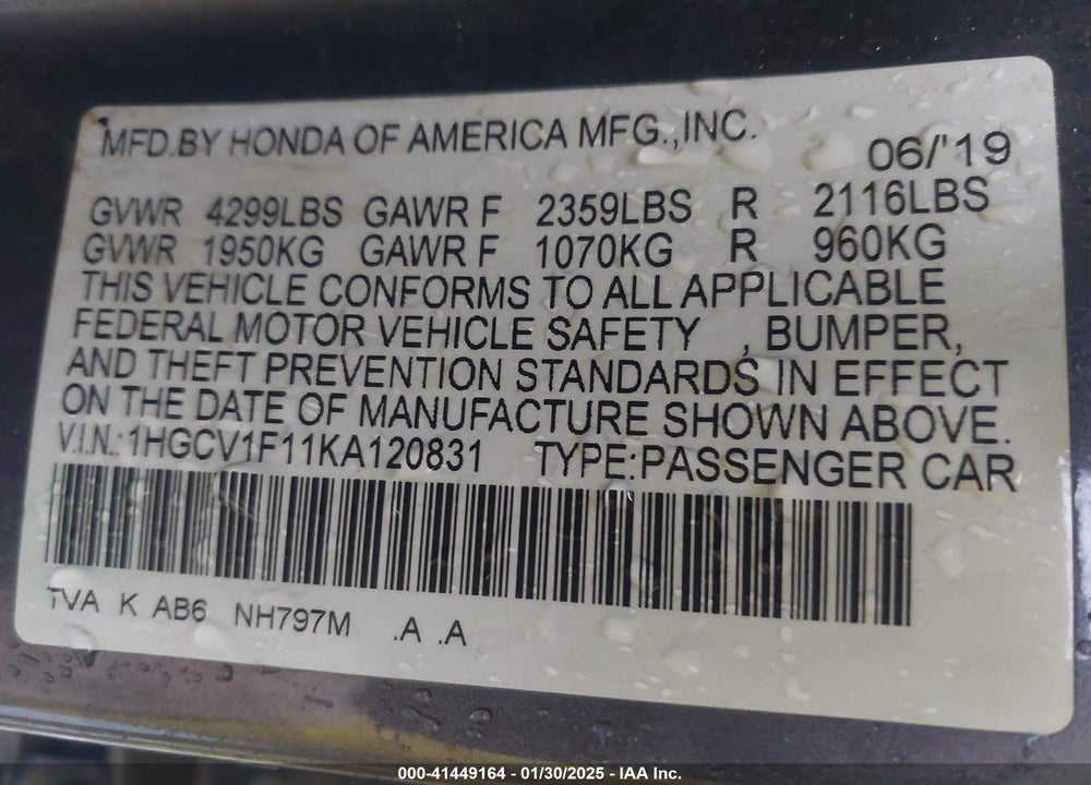 2019 HONDA ACCORD VIN: 1HGCV1F11KA120831