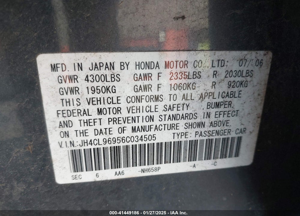 2006 ACURA TSX VIN: JH4CL96956C034505