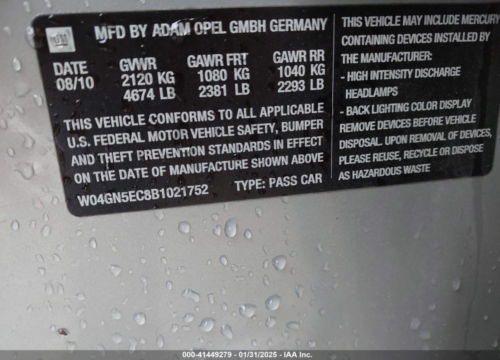 2011 BUICK REGAL CXL RUSSELSHEIM VIN: W04GN5EC8B1021752