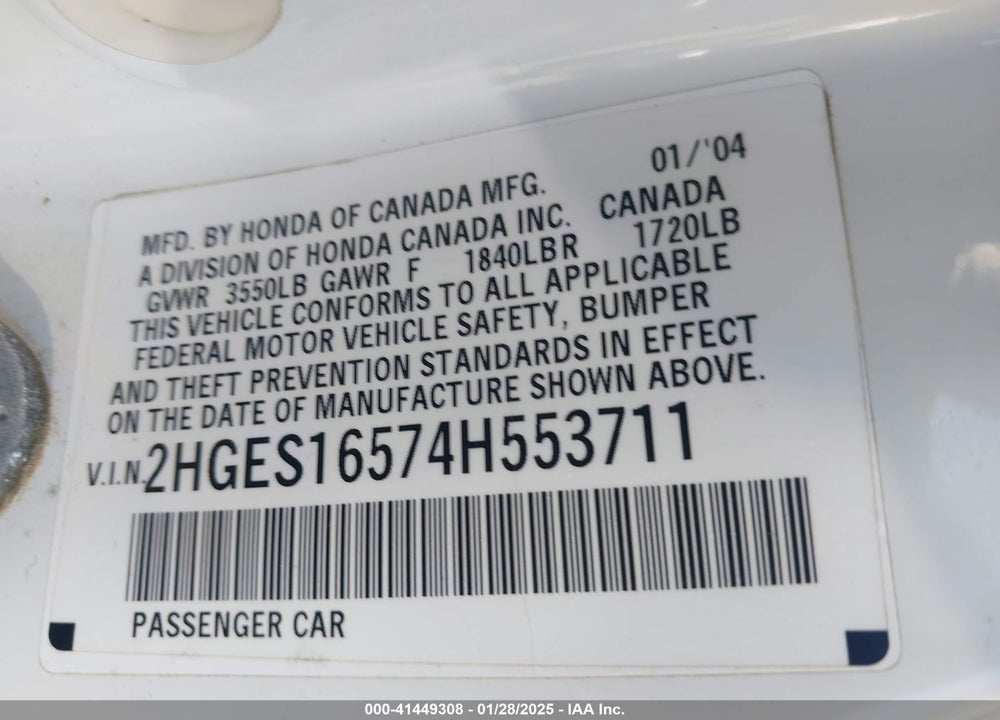 2004 HONDA CIVIC LX VIN: 2HGES16574H553711