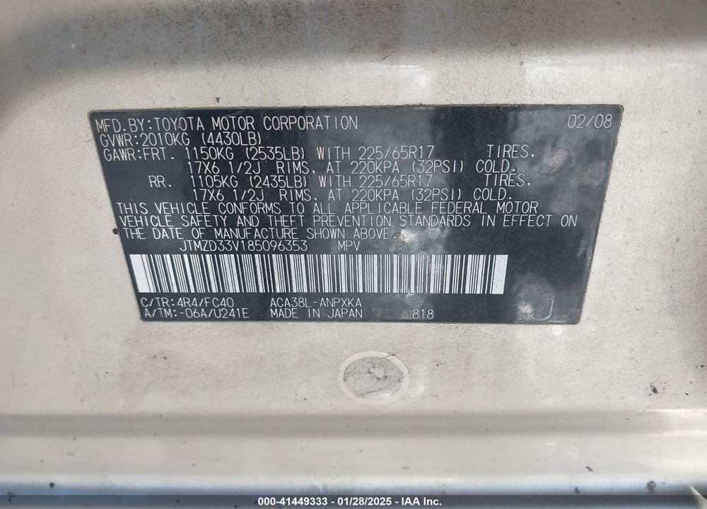 2008 TOYOTA RAV4 VIN: JTMZD33V185096353