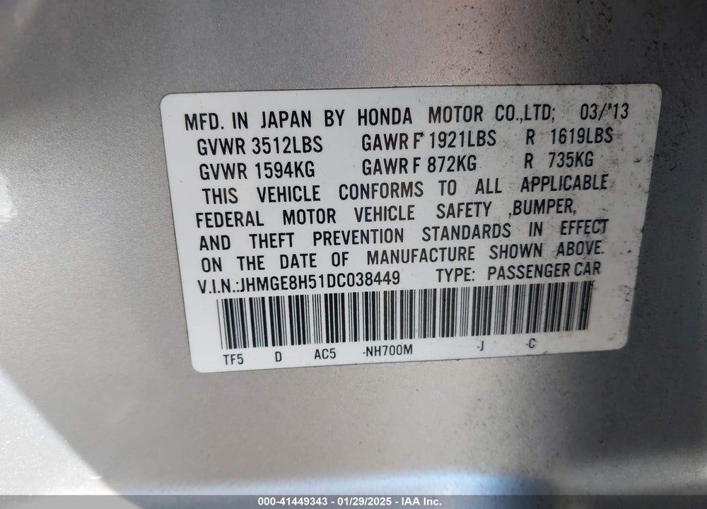 2013 HONDA FIT VIN: JHMGE8H51DC038449