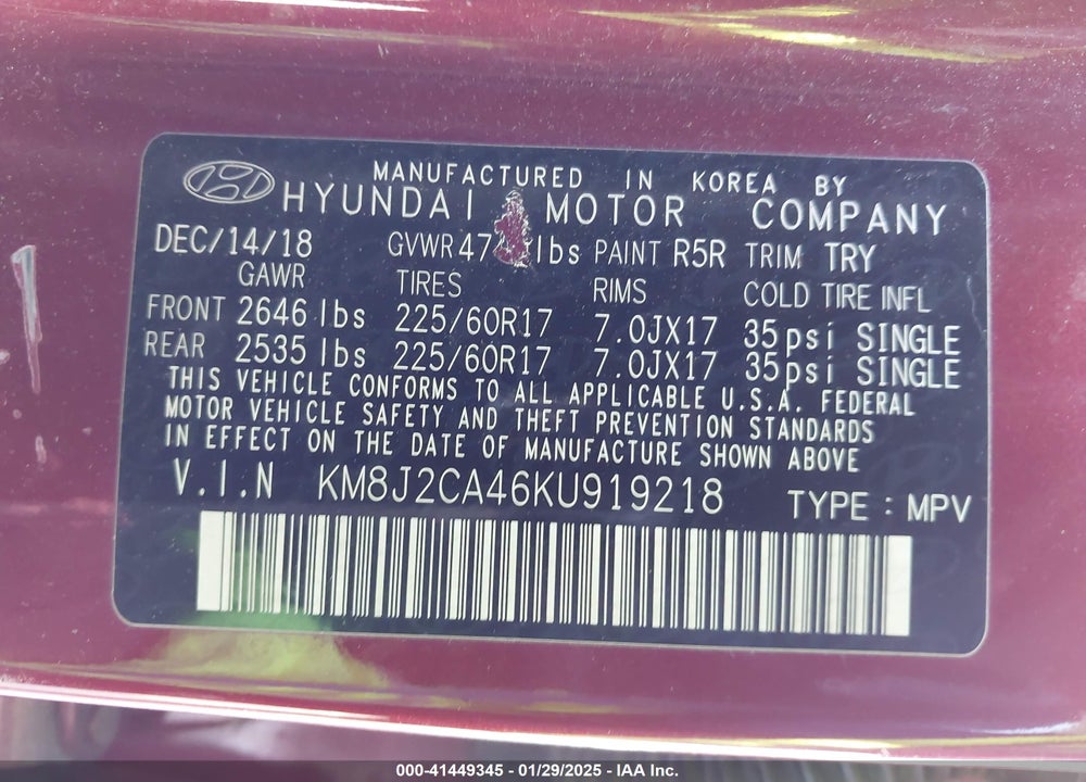 2019 HYUNDAI TUCSON SE VIN: KM8J2CA46KU919218