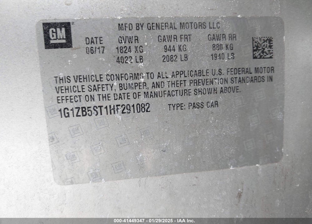 2017 CHEVROLET MALIBU VIN: 1G1ZB5ST1HF291082