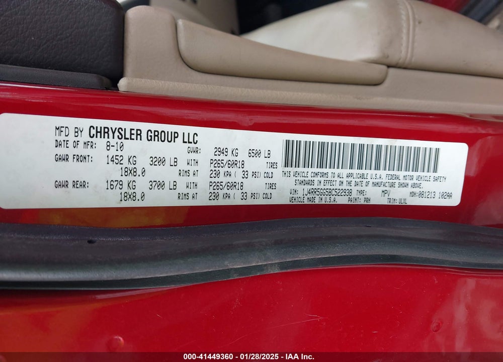 2011 JEEP GRAND CHEROKEE LIMITED VIN: 1J4RR5GG5BC522938