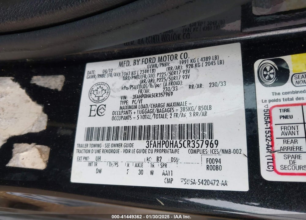 2012 FORD FUSION VIN: 3FAHP0HA5CR357969