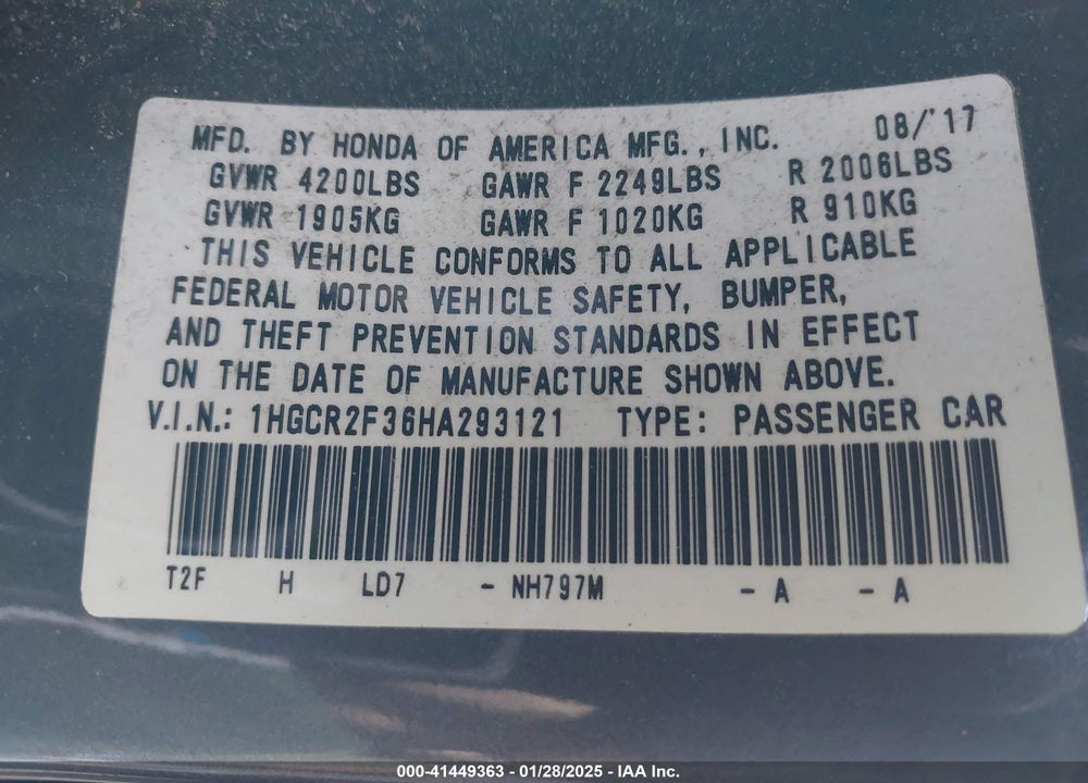 2017 HONDA ACCORD VIN: 1HGCR2F36HA293121