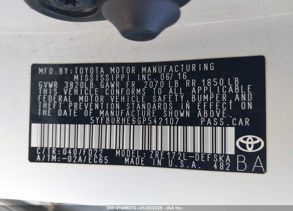 2016 TOYOTA COROLLA VIN: 5YFBURHE6GP542107