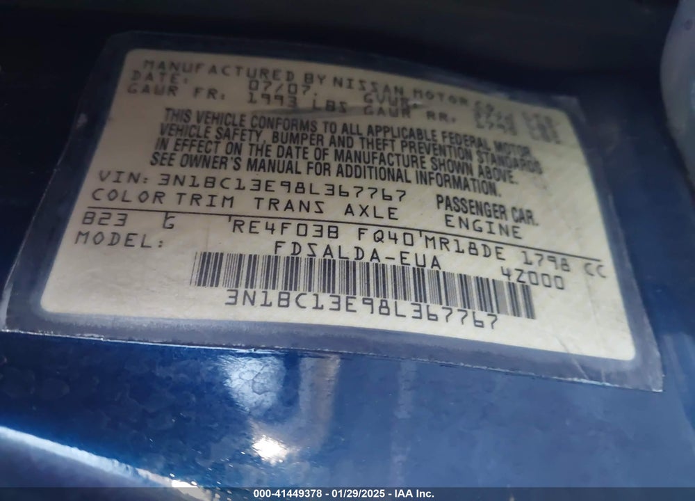 2008 NISSAN VERSA 1.8S VIN: 3N1BC13E98L367767