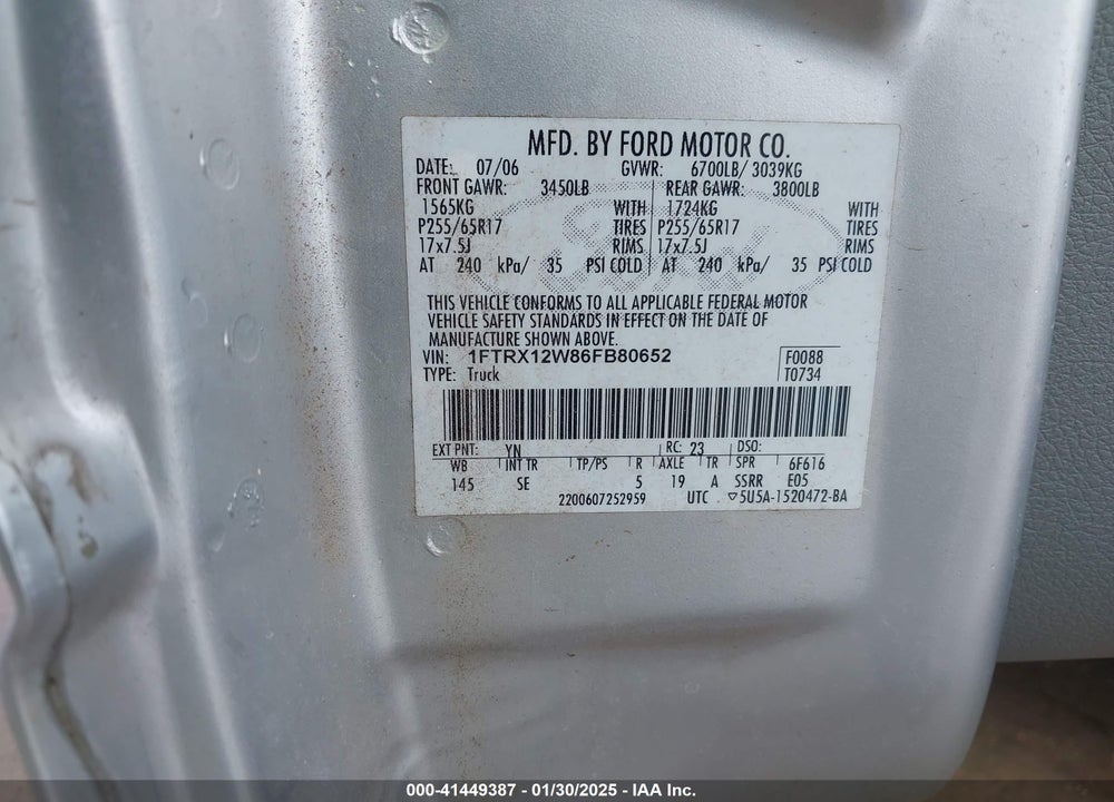 2006 FORD F-150 STX/XL/XLT VIN: 1FTRX12W86FB80652
