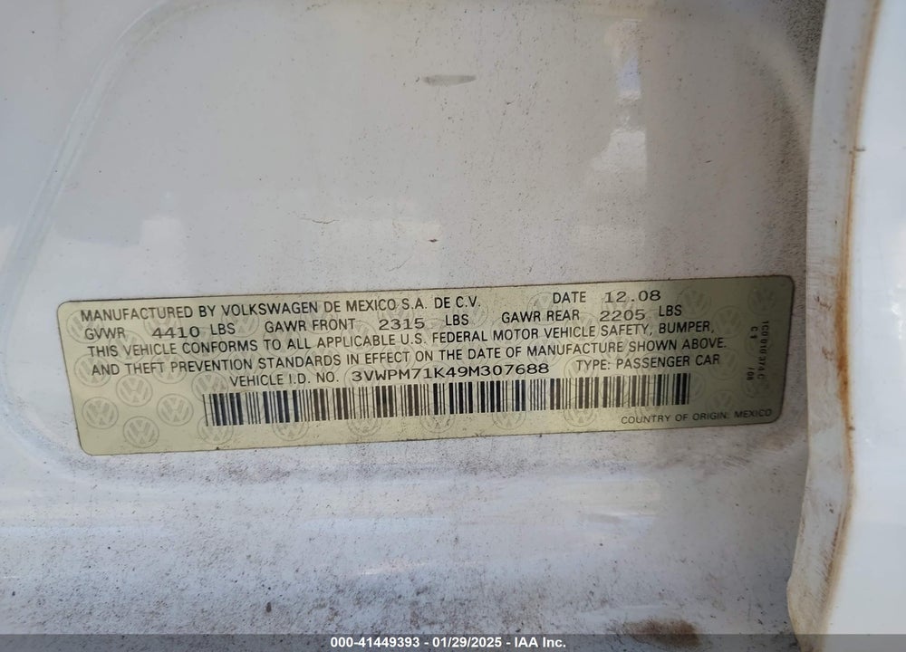 2009 VOLKSWAGEN JETTA 2.5L SE VIN: 3VWPM71K49M307688