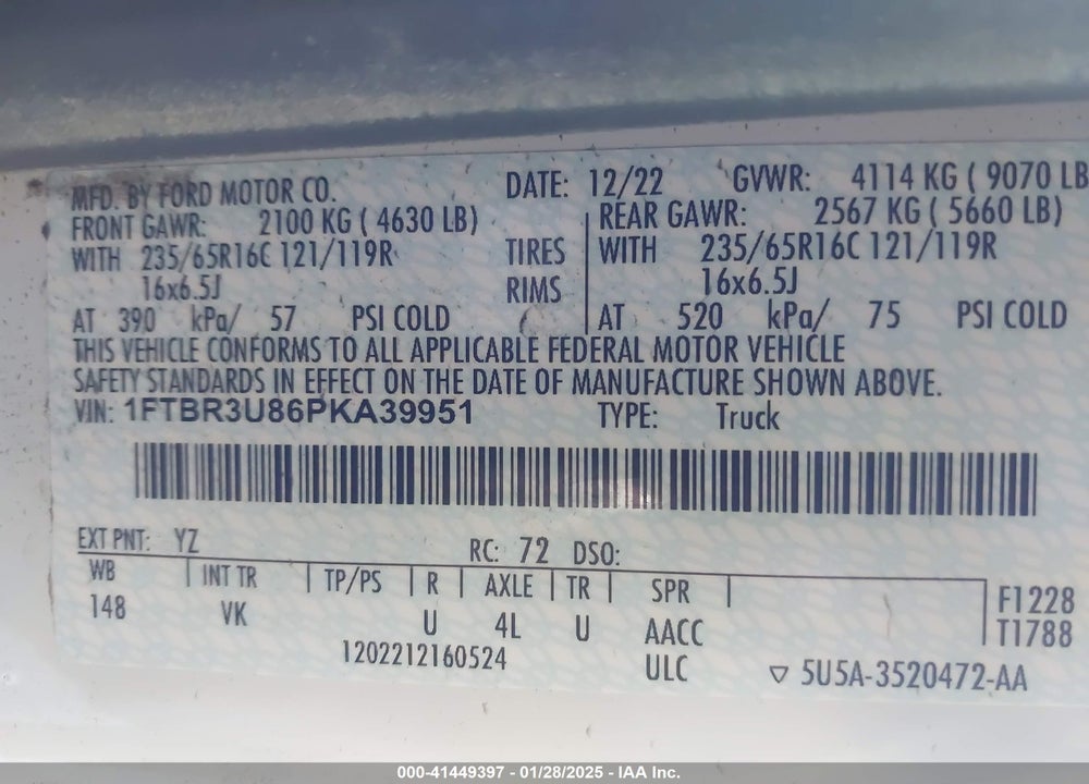 2023 FORD TRANSIT-250 CARGO VAN VIN: 1FTBR3U86PKA39951