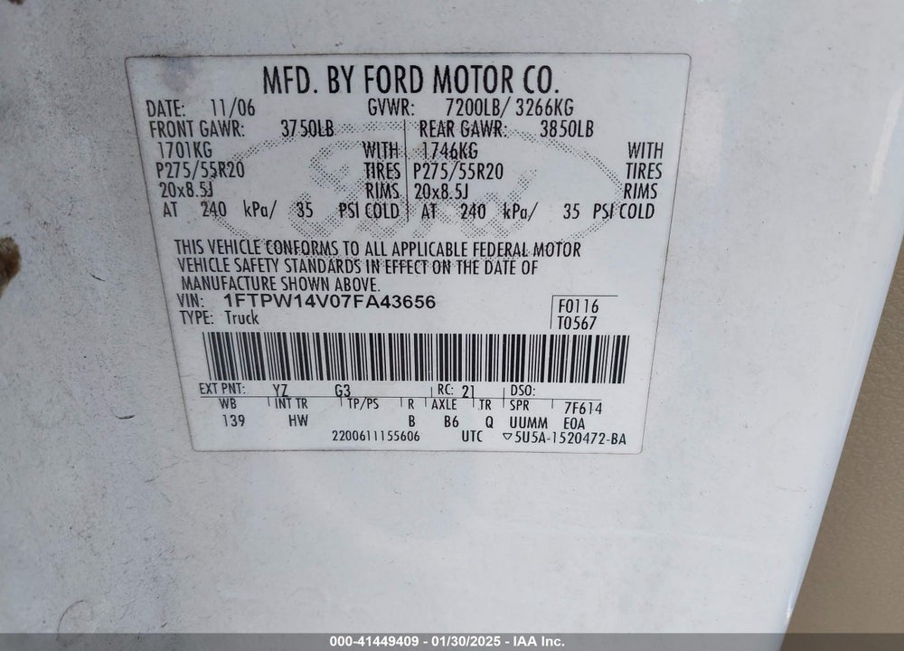 2007 FORD F-150 VIN: 1FTPW14V07FA43656