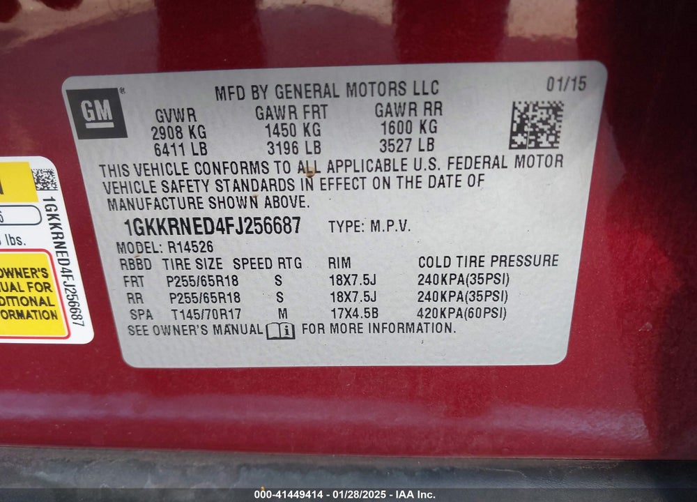 2015 GMC ACADIA SLE-1 VIN: 1GKKRNED4FJ256687