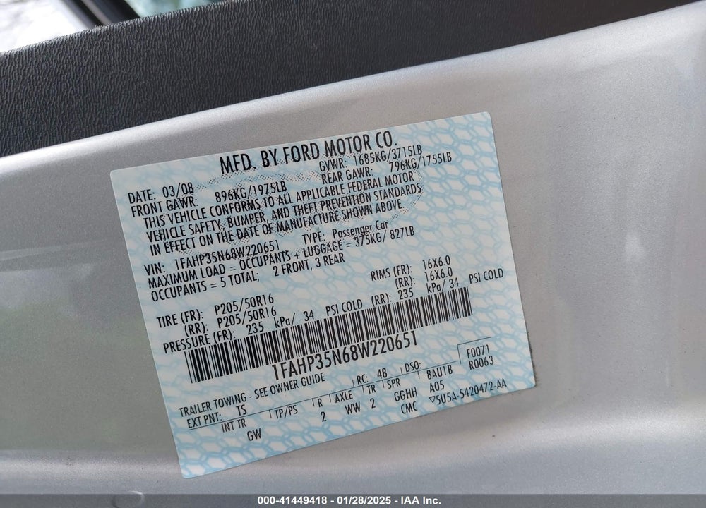 2008 FORD FOCUS SE/SES VIN: 1FAHP35N68W220651