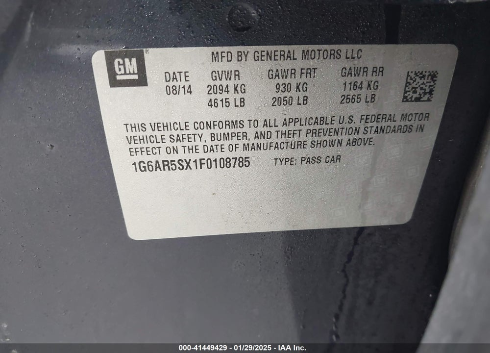 2015 CADILLAC CTS VIN: 1G6AR5SX1F0108785