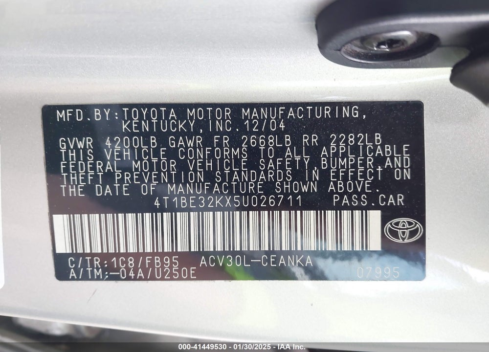 2005 TOYOTA CAMRY LE VIN: 4T1BE32KX5U026711