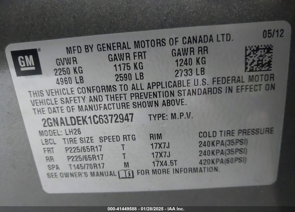 2012 CHEVROLET EQUINOX 1LT VIN: 2GNALDEK1C6372947