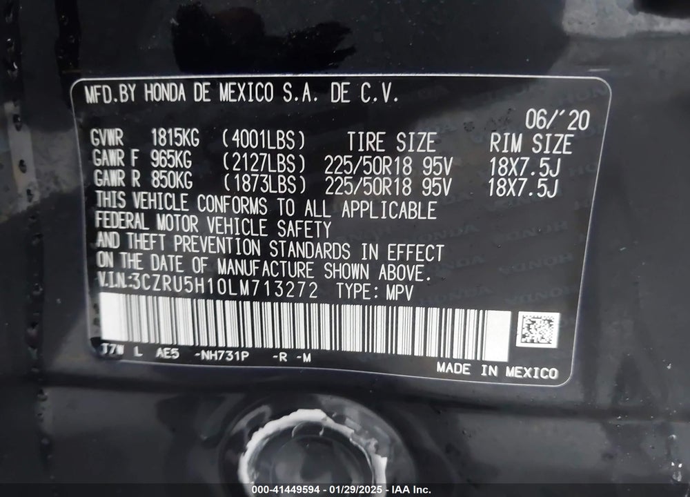 2020 HONDA HR-V 2WD SPORT VIN: 3CZRU5H10LM713272