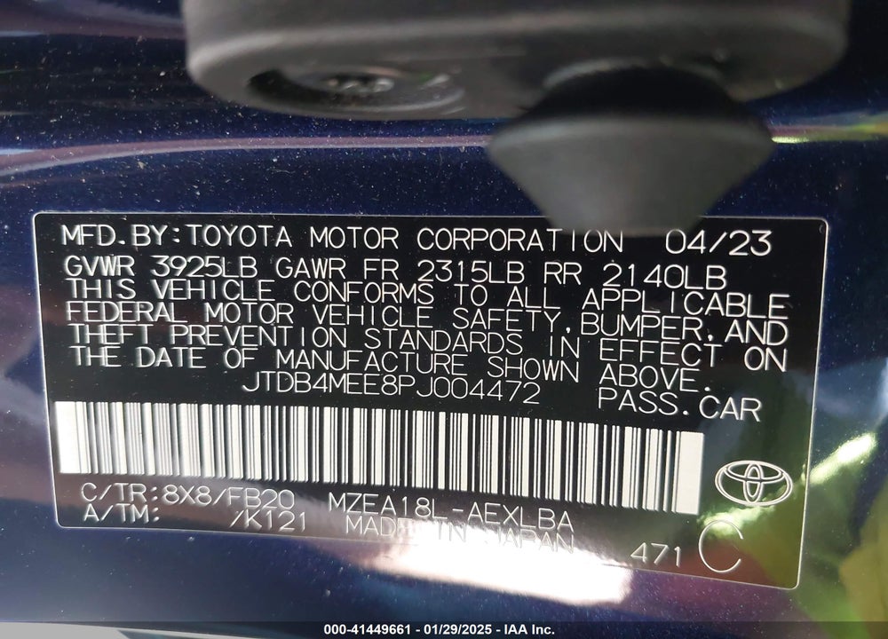2023 TOYOTA COROLLA LE VIN: JTDB4MEE8PJ004472