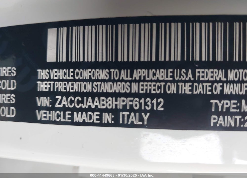 2017 JEEP RENEGADE VIN: ZACCJAAB8HPF61312