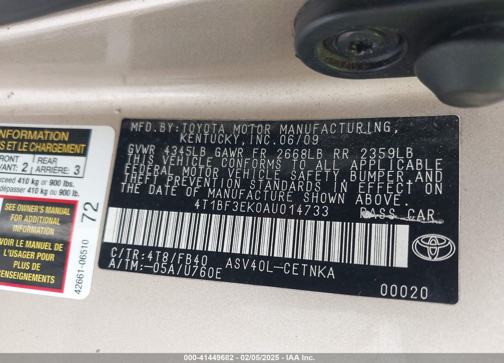 2010 TOYOTA CAMRY VIN: 4T1BF3EK0AU014733