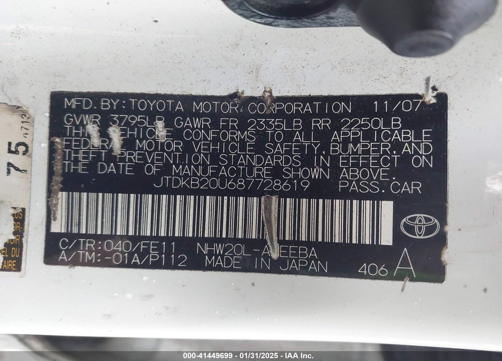 2008 TOYOTA PRIUS VIN: JTDKB20U687728619
