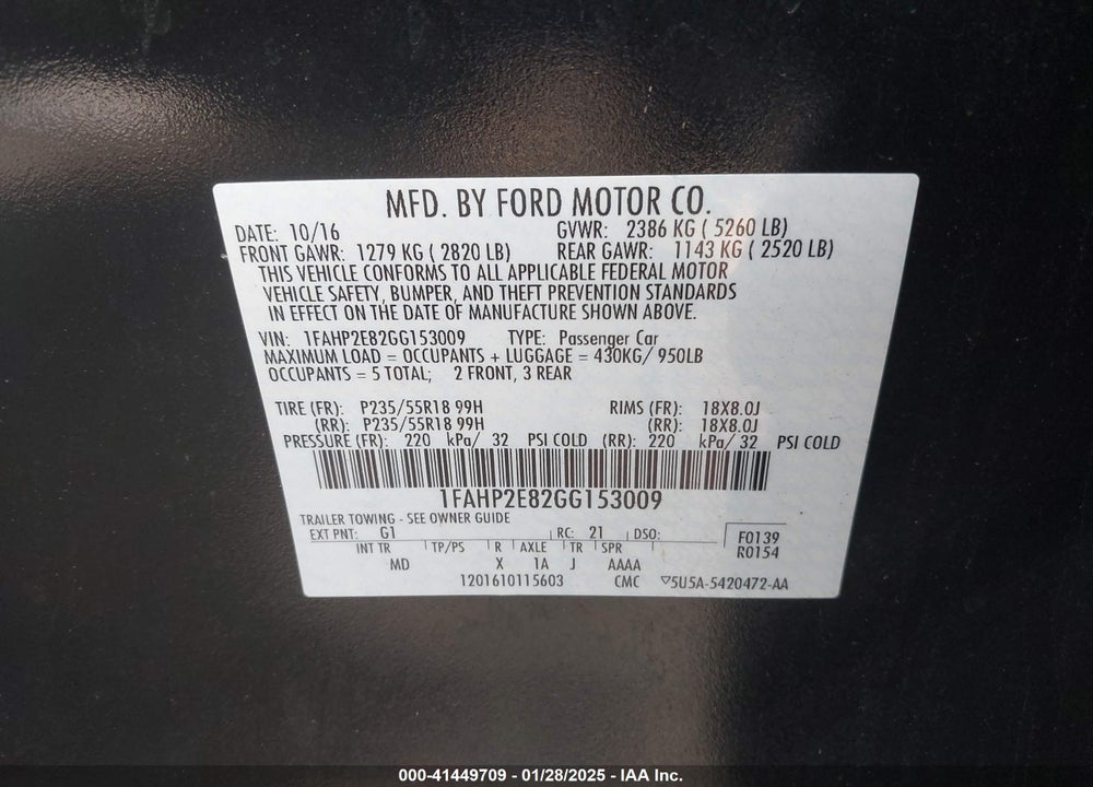 2016 FORD TAURUS VIN: 1FAHP2E82GG153009