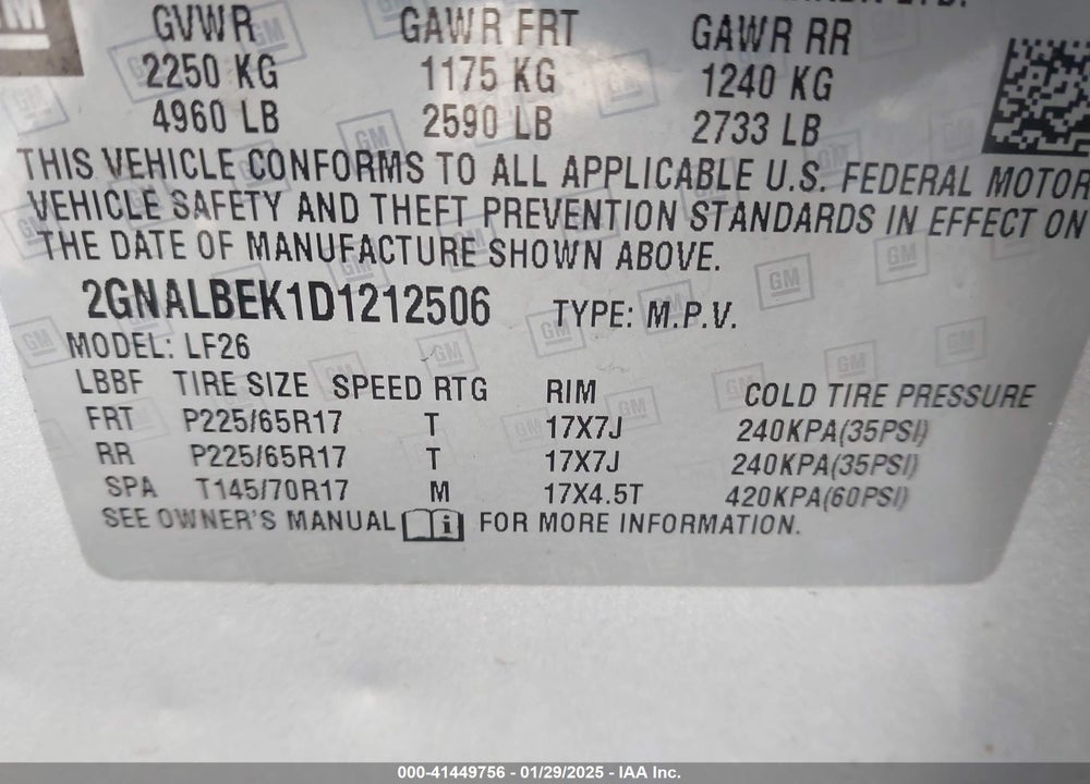 2013 CHEVROLET EQUINOX VIN: 2GNALBEK1D1212506