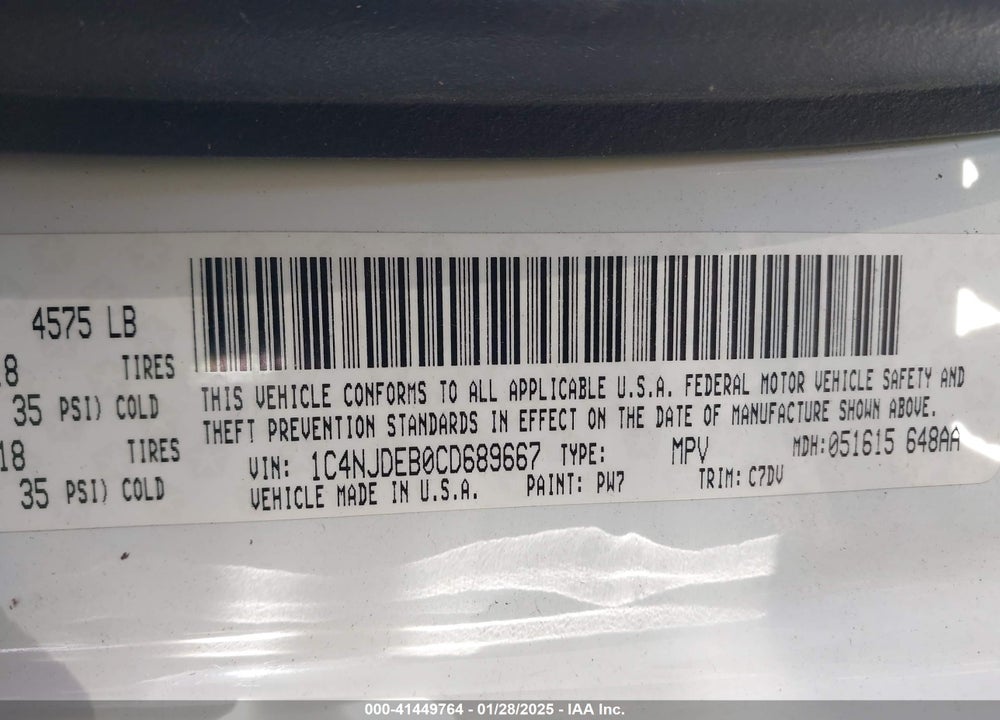 2012 JEEP COMPASS LATITUDE VIN: 1C4NJDEB0CD689667
