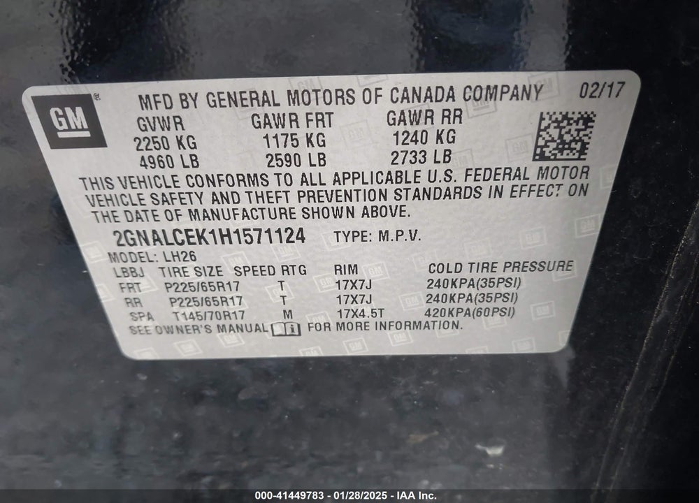 2017 CHEVROLET EQUINOX LT VIN: 2GNALCEK1H1571124