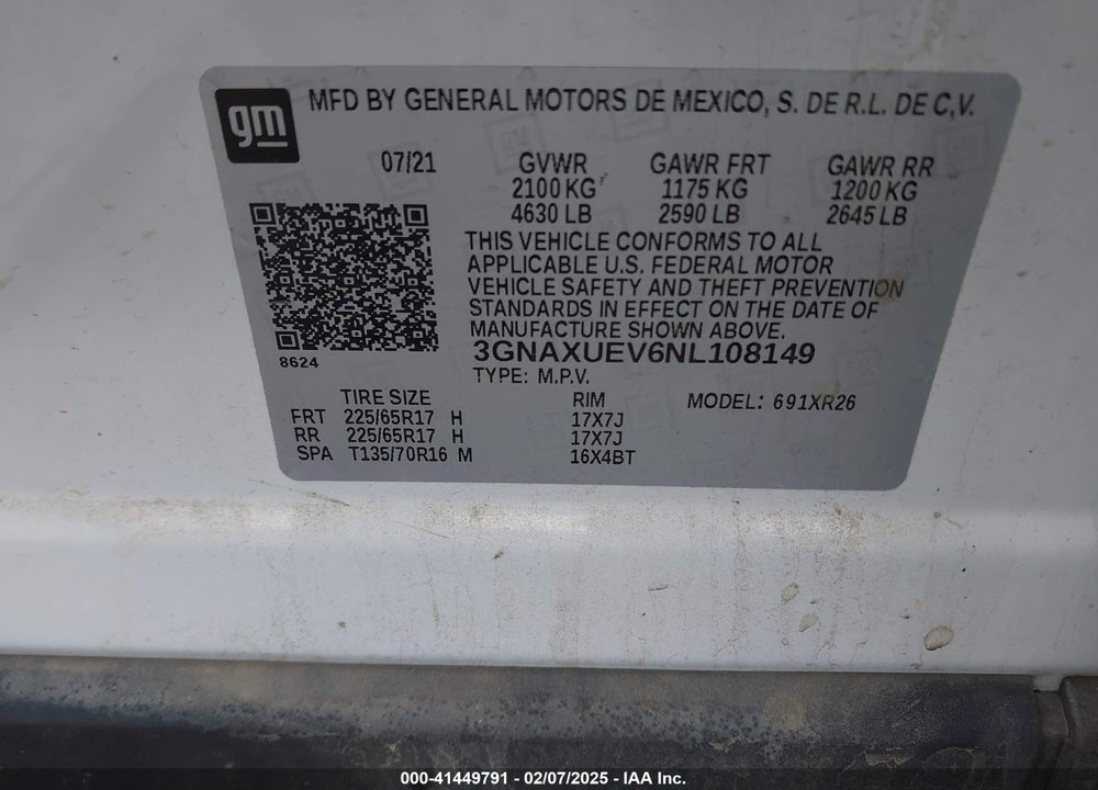 2022 CHEVROLET EQUINOX AWD LT VIN: 3GNAXUEV6NL108149