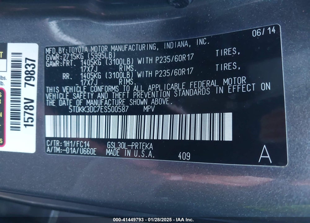 2014 TOYOTA SIENNA VIN: 5TDKK3DC7ES500587