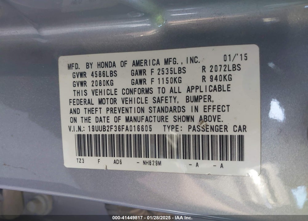 2015 ACURA TLX VIN: 19UUB2F36FA016605