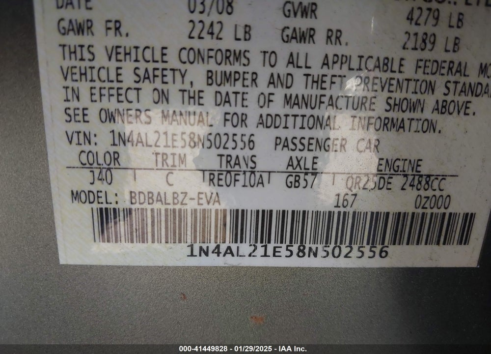 2008 NISSAN ALTIMA VIN: 1N4AL21E58N502556