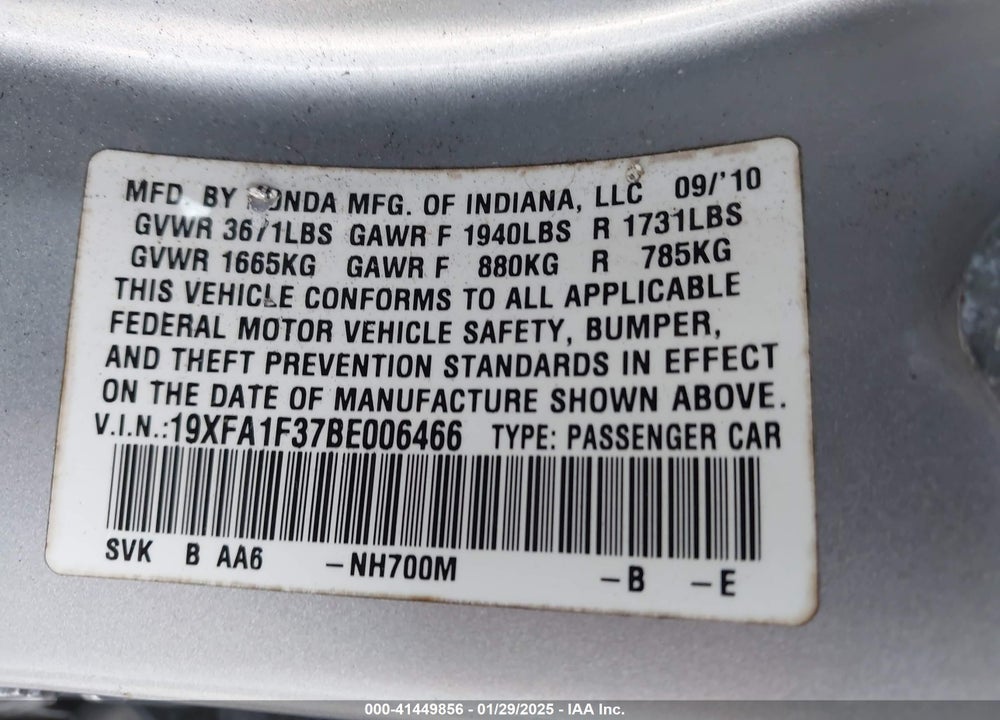 2011 HONDA CIVIC VIN: 19XFA1F37BE006466