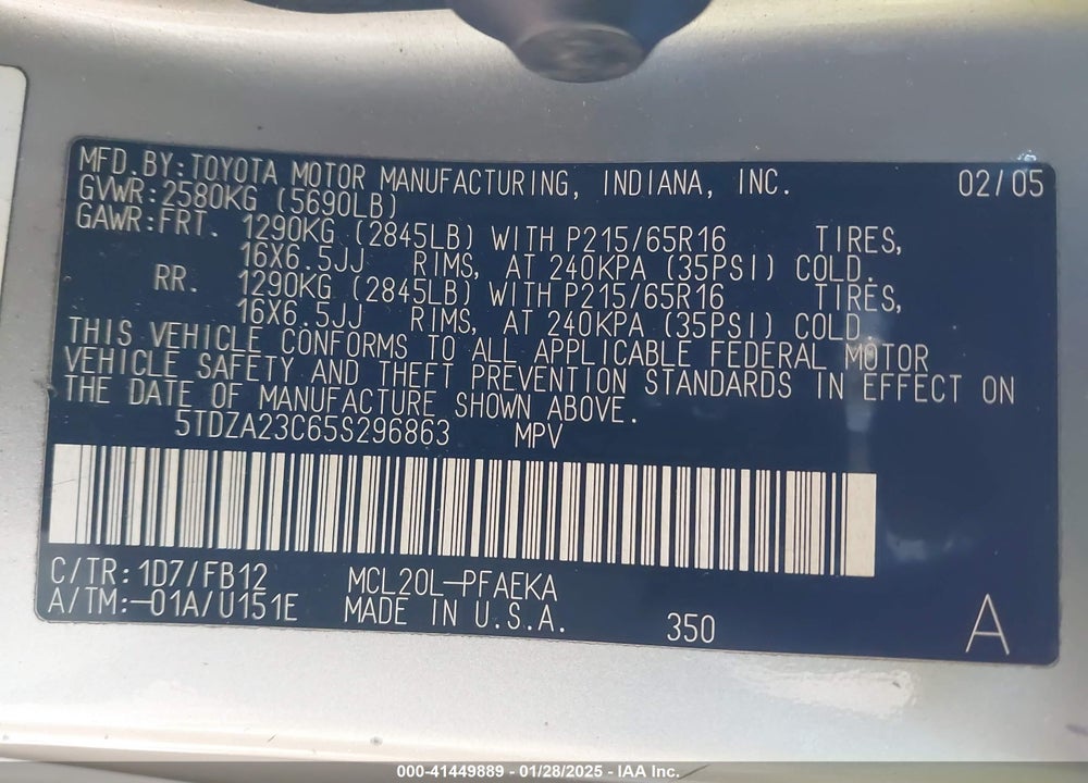 2005 TOYOTA SIENNA LE VIN: 5TDZA23C65S296863