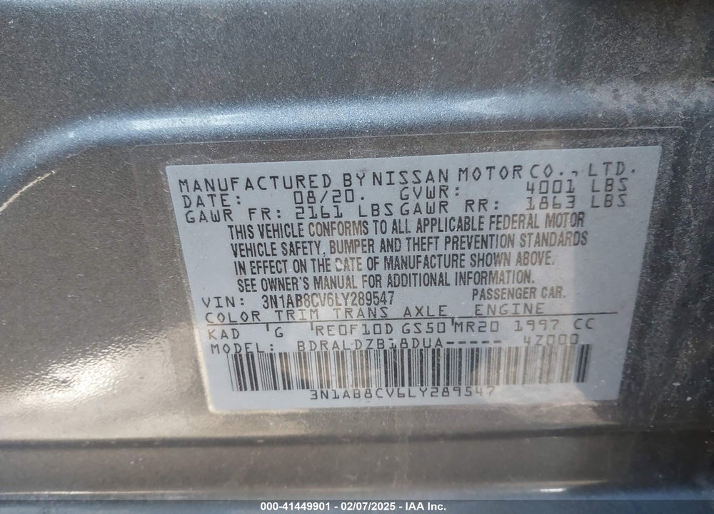 2020 NISSAN SENTRA VIN: 3N1AB8CV6LY289547