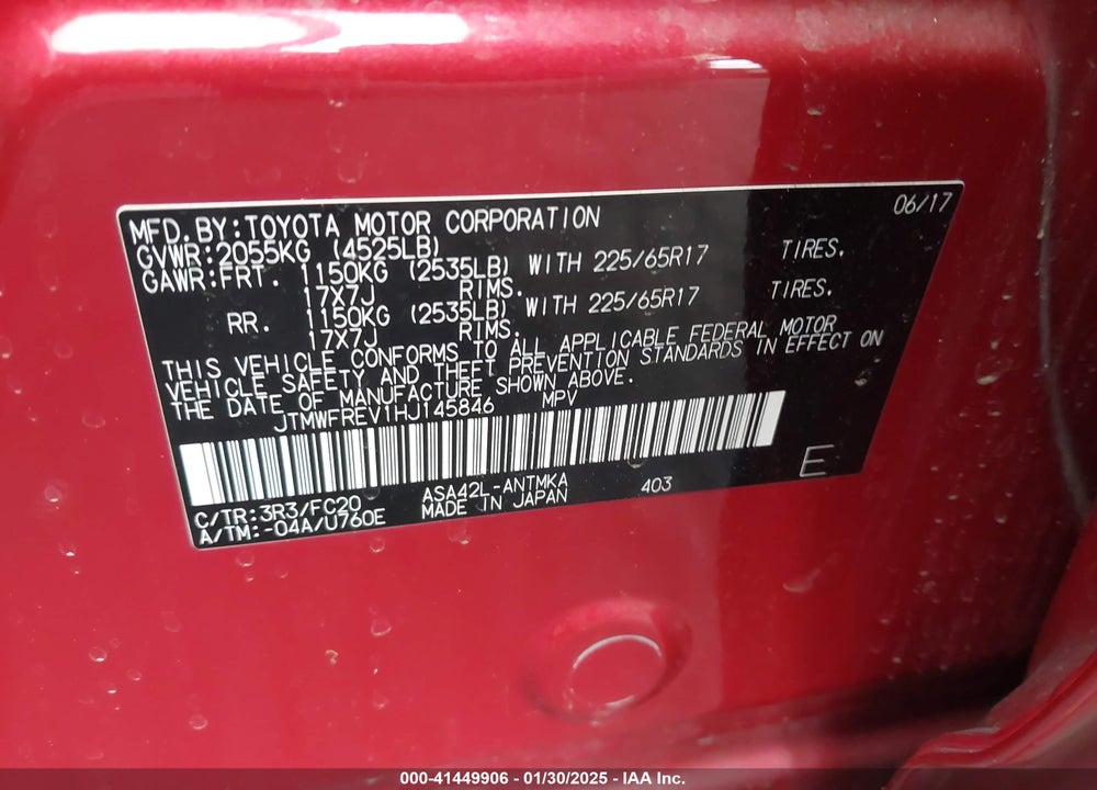 2017 TOYOTA RAV4 XLE VIN: JTMWFREV1HJ145846