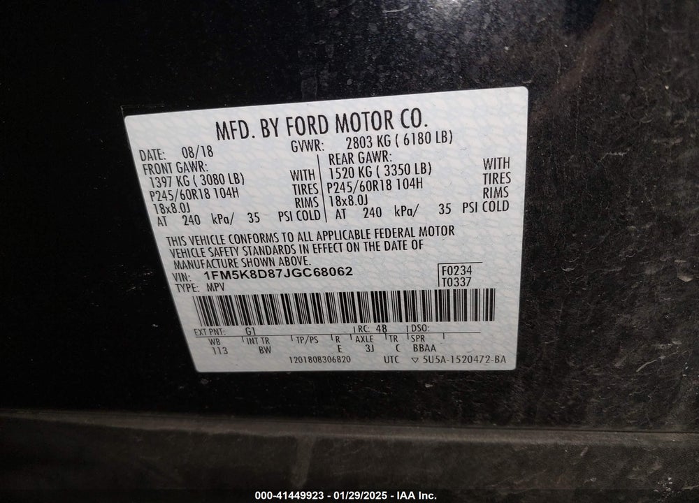 2018 FORD EXPLORER XLT VIN: 1FM5K8D87JGC68062
