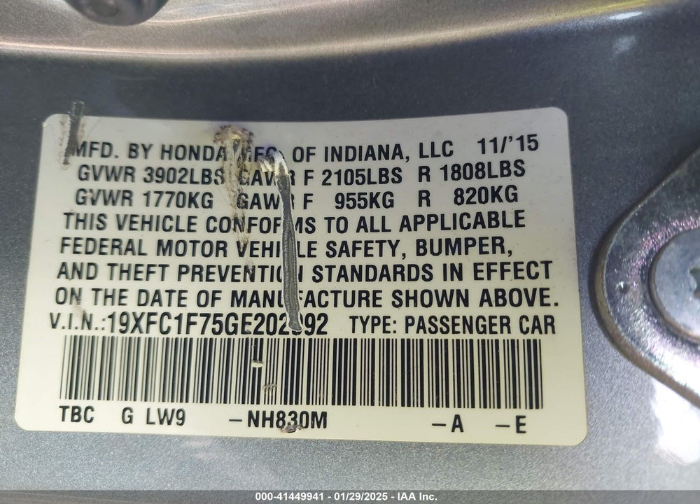 2016 HONDA CIVIC VIN: 19XFC1F75GE202992