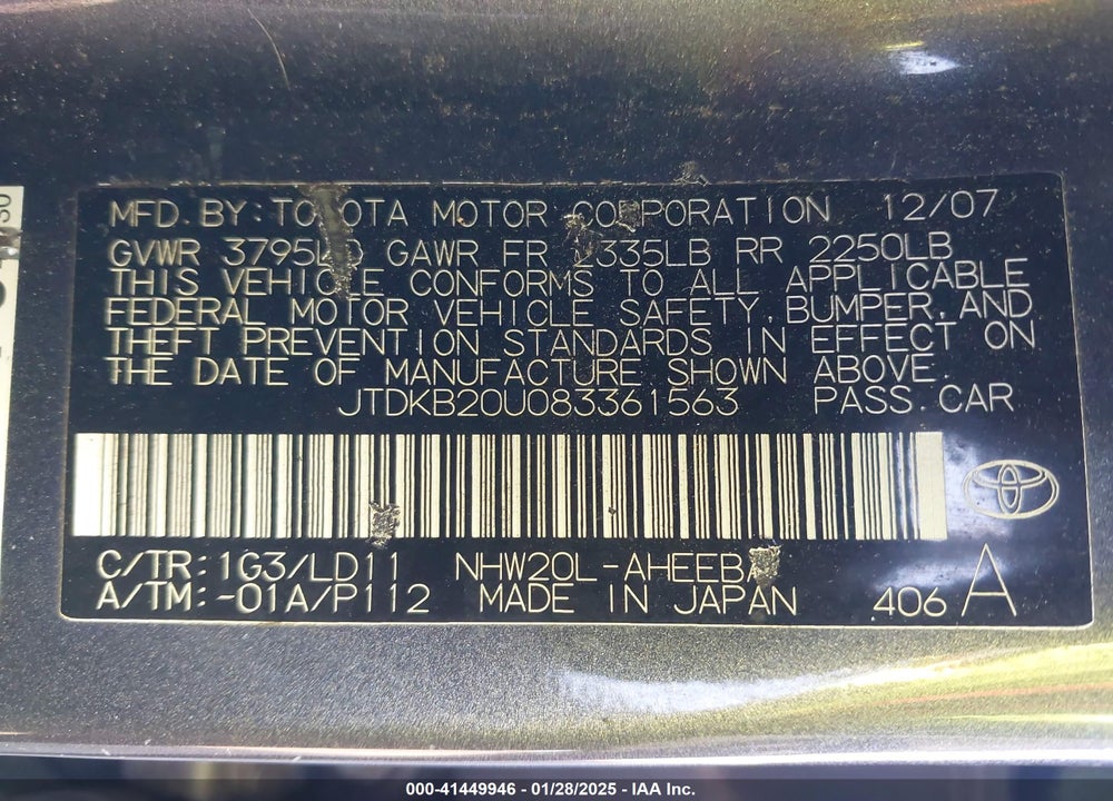2008 TOYOTA PRIUS VIN: JTDKB20U083361563