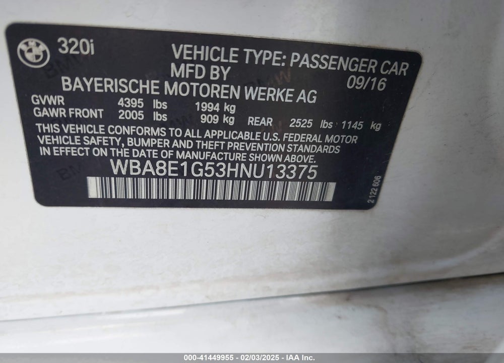 2017 BMW 320I VIN: WBA8E1G53HNU13375