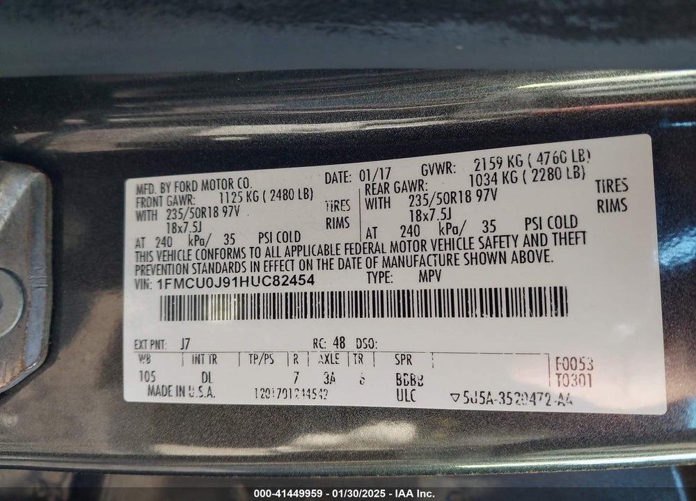 2017 FORD ESCAPE TITANIUM VIN: 1FMCU0J91HUC82454