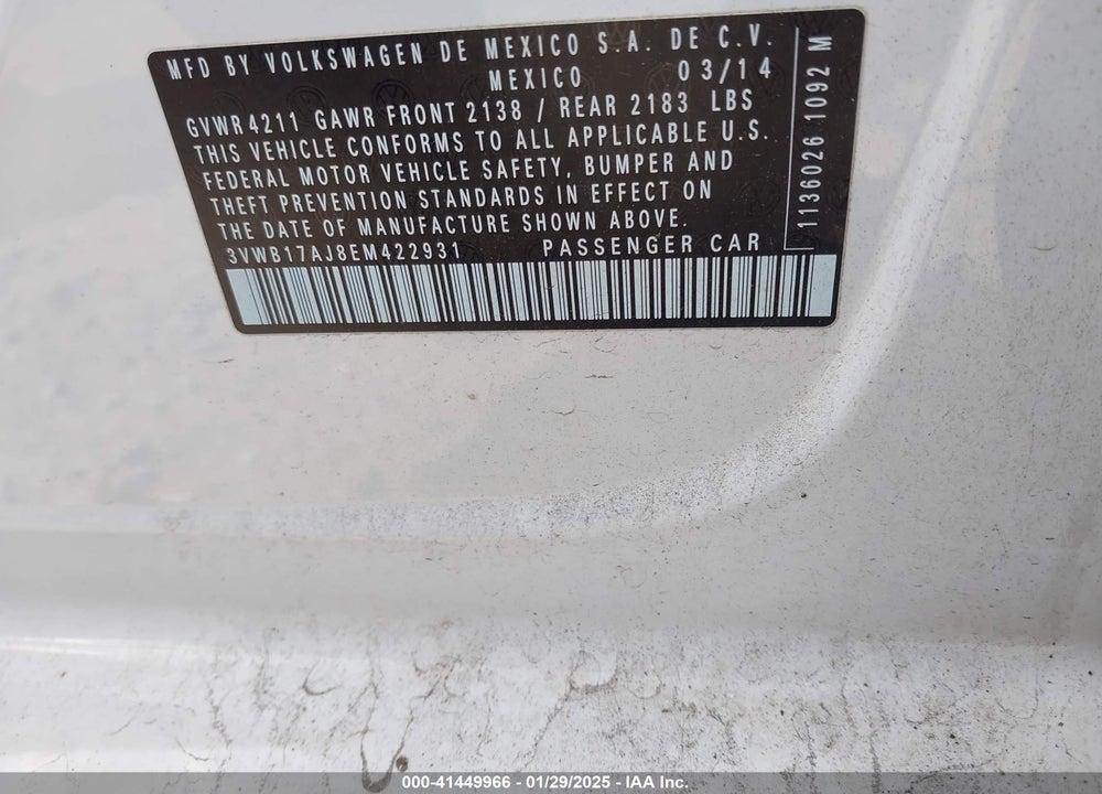 2014 VOLKSWAGEN JETTA VIN: 3VWB17AJ8EM422931